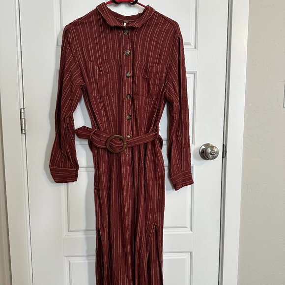 Free People Audrey Striped Belted Long Sleeve Midi Dress - Picture 2 of 6